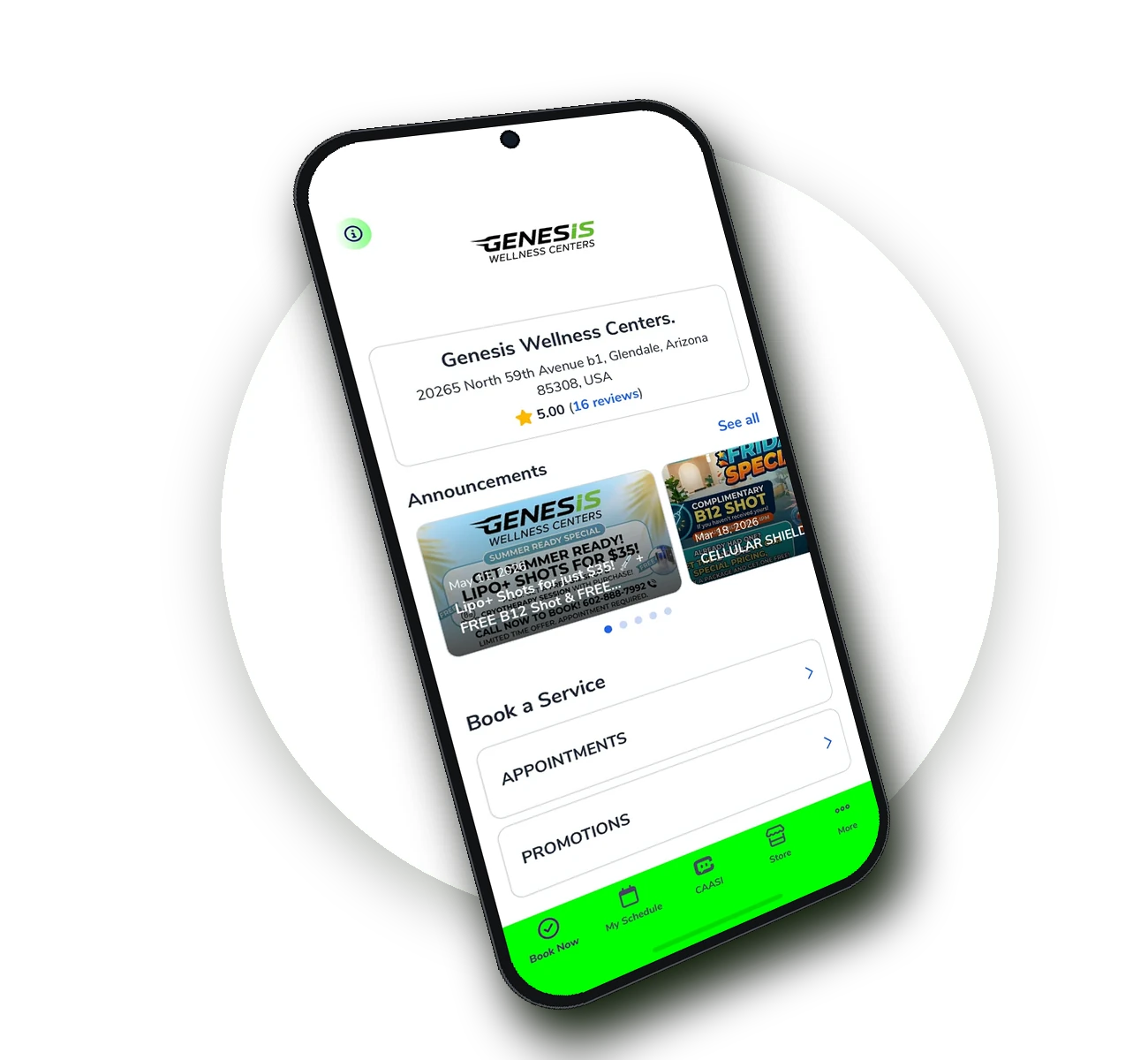 Genesis Wellness Centers app shown on a phone