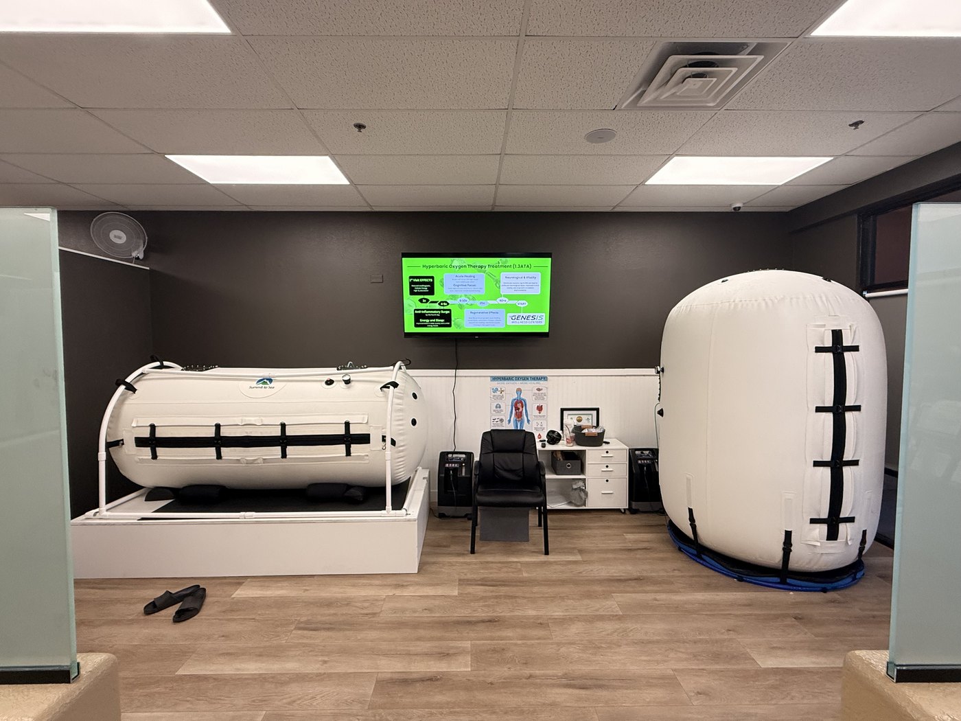 The hyperbaric suite at Genesis Wellness Centers, with an upright and a horizontal Summit to Sea chamber