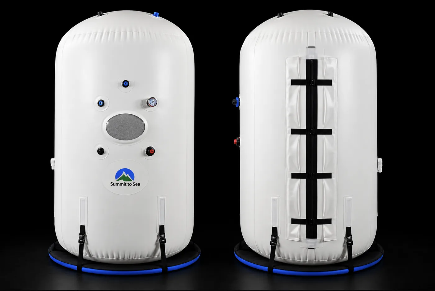 The Grand Dive Vertical, front and zip entry views of a larger Summit to Sea upright mild hyperbaric chamber