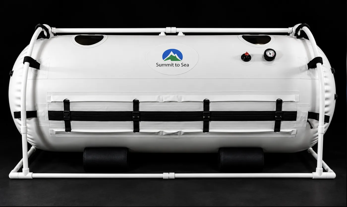 The Grand Dive, a larger Summit to Sea horizontal mild hyperbaric chamber on its support frame