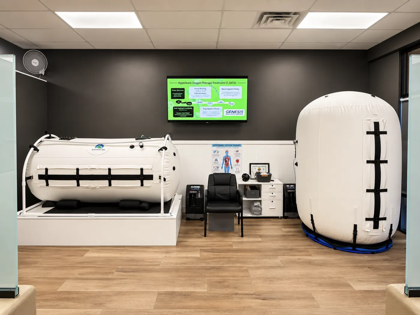 The hyperbaric suite at Genesis Wellness Centers, with an upright and a horizontal Summit to Sea chamber