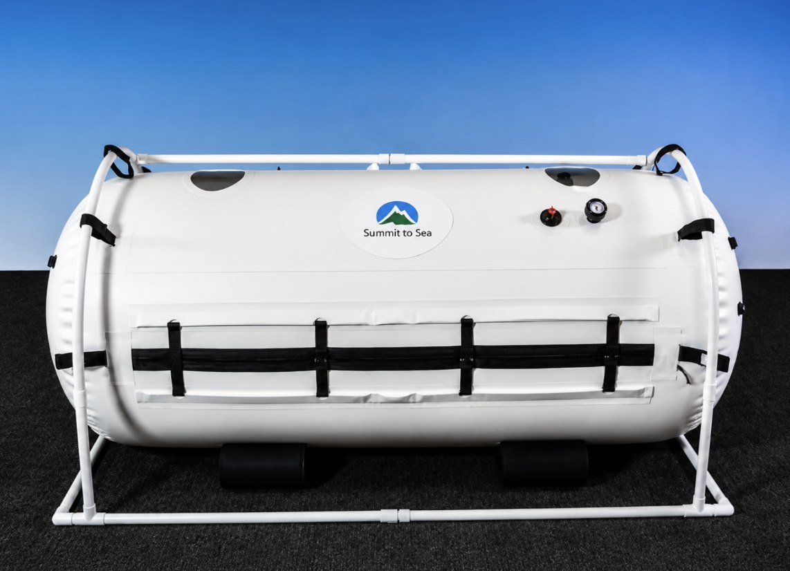 Summit to Sea horizontal mild hyperbaric oxygen chamber on its support frame